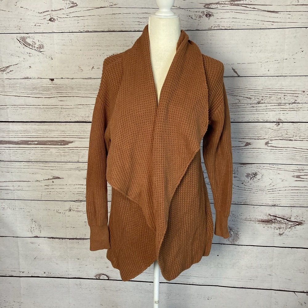 Splendid Womens Size XS Brown Waterfall Cardigan Sweater Waffle Knit Open Front